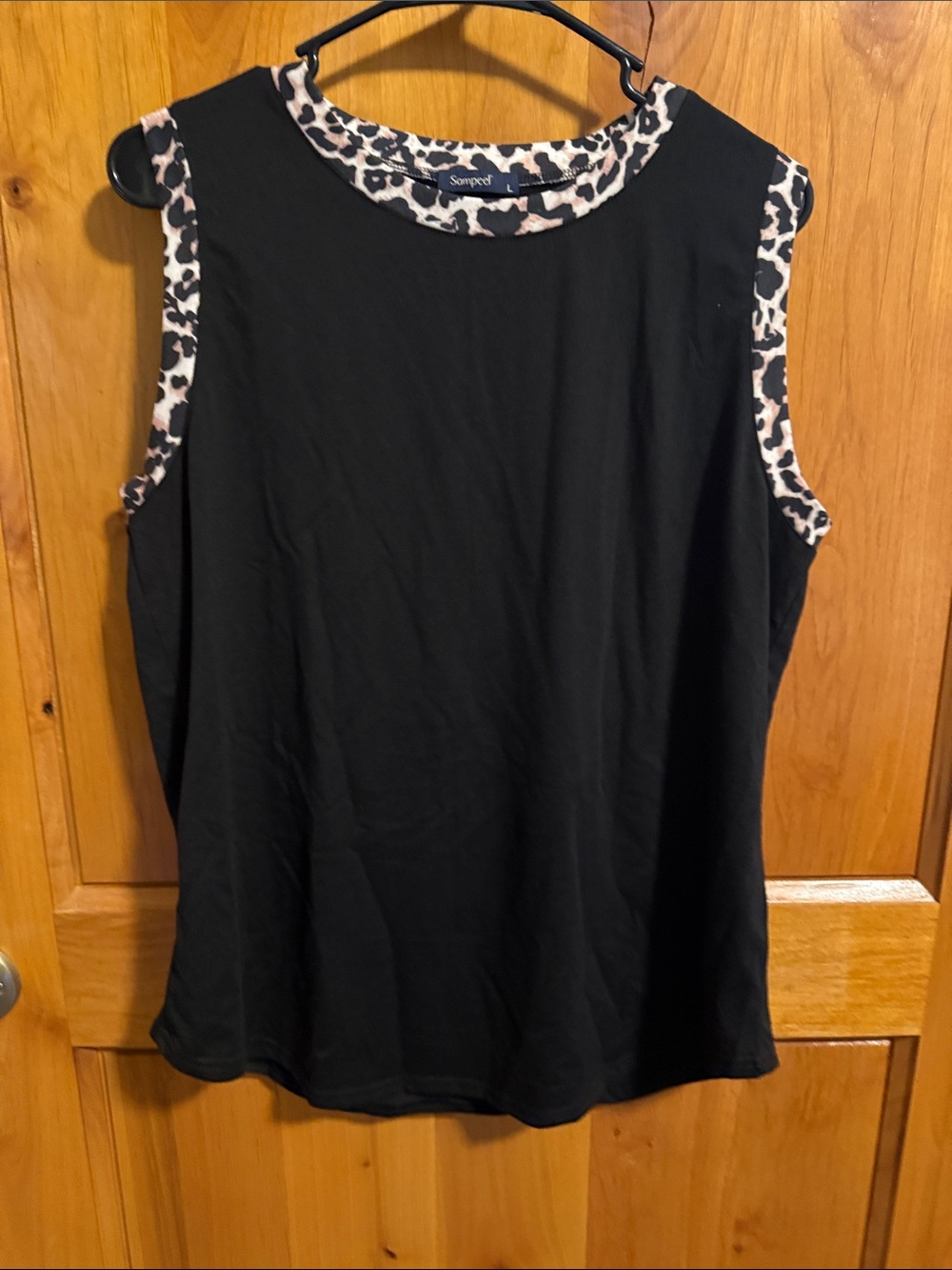 Black Sleeveless Top with Leopard Trim